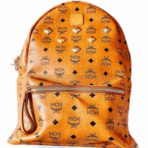 PM VERIFIED MCM Backpack Cognac Silver Gold Pvc Leather Visetos Studs Ruck Sack